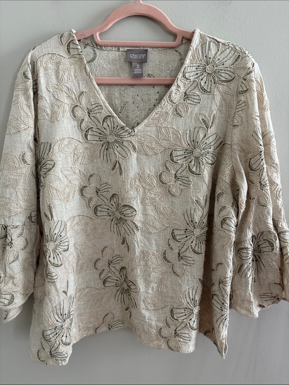 Chico's Cream Floral Embroidered V-Neck Tunic